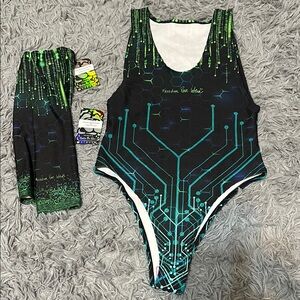 Freedom Rave Wear Sideboob Bodysuit w/ Matching Arm Sleeves, Green & Teal Design